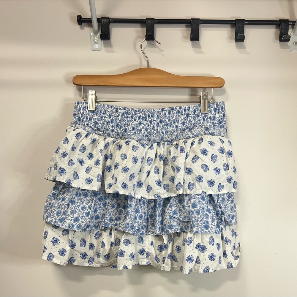 Blue Floral Ruffle Mini Skirt